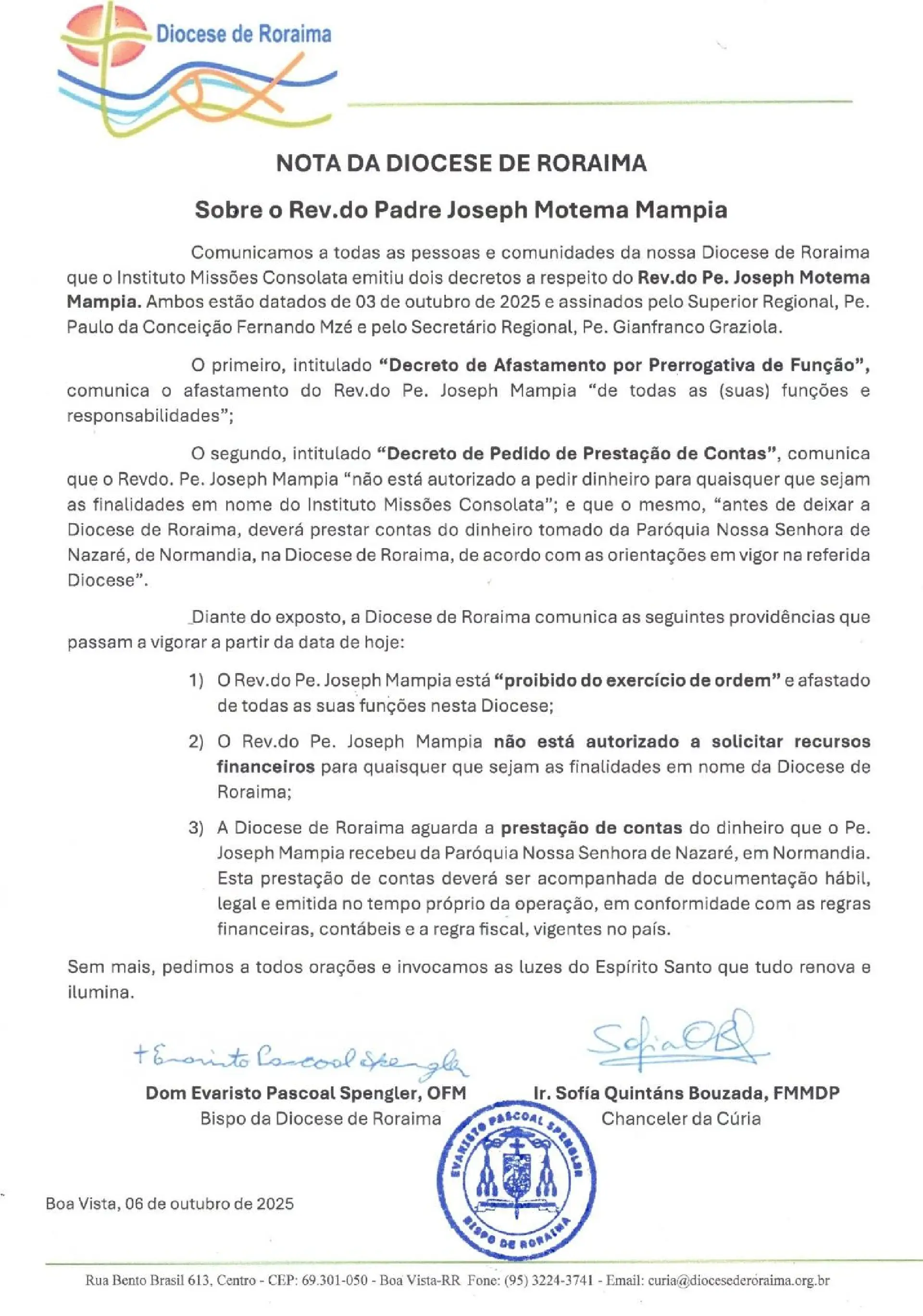 Comunicado Oficial da Diocese de Roraima