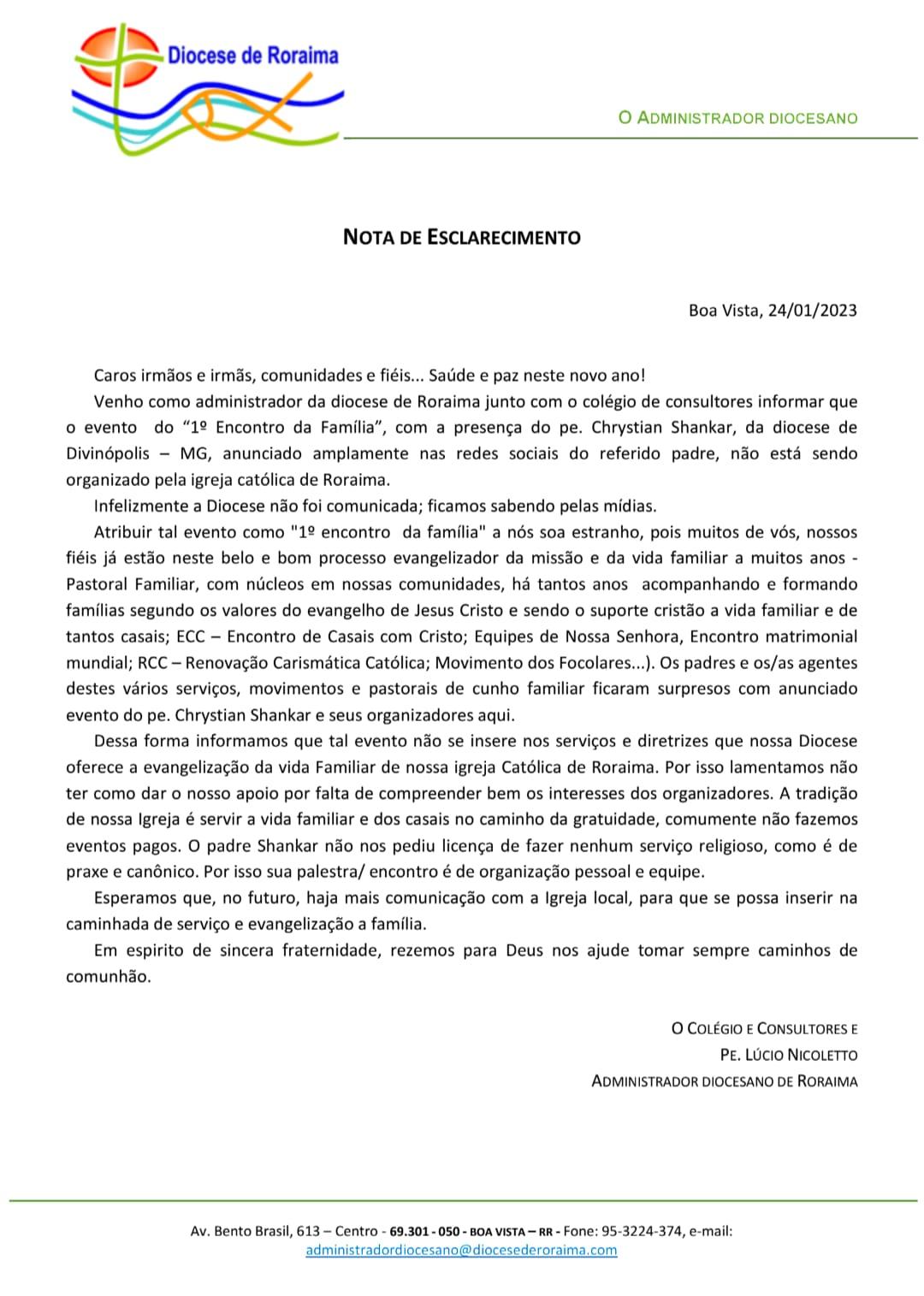 NOTA DE ESCLARECIMENTO - 1º Encontro da Família